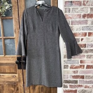 Ann Taylor Bell Sleeve Shift Dress Womens 8T Gray V-Neck Heathered Professional